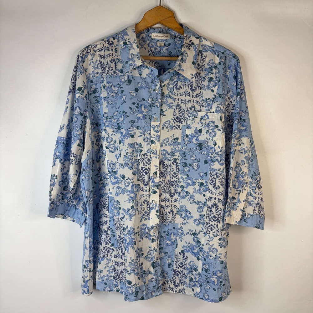 Coldwater Creek Button Up Shirt Women 2X Blue Floral Patchwork 3/4 Sleeve Cotton